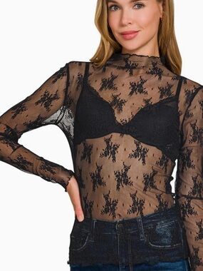 Zenana Outfitters Black Sheer Floral Lace Mock Neck Long Sleeve Top